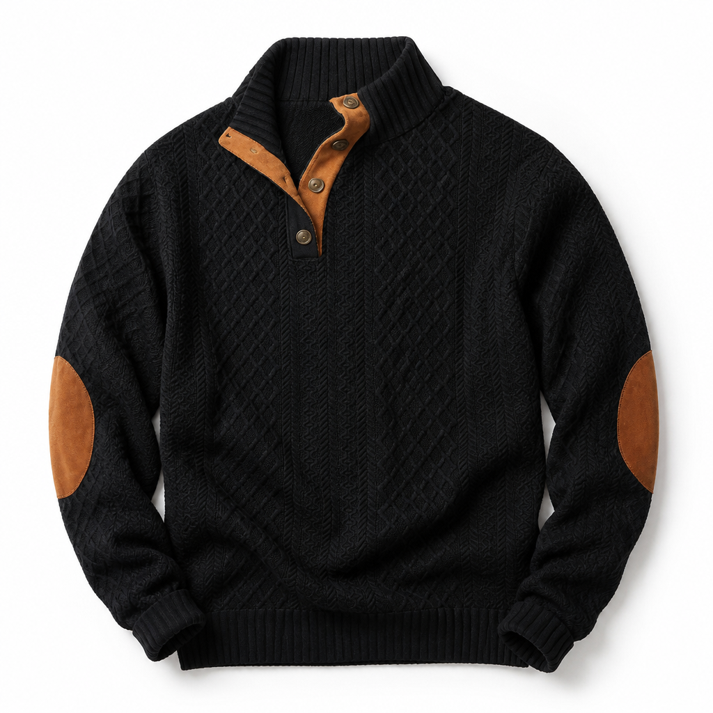 AtlasForge™ – Jacquard Textured Stand-Collar Sweater Featuring Elbow Patches