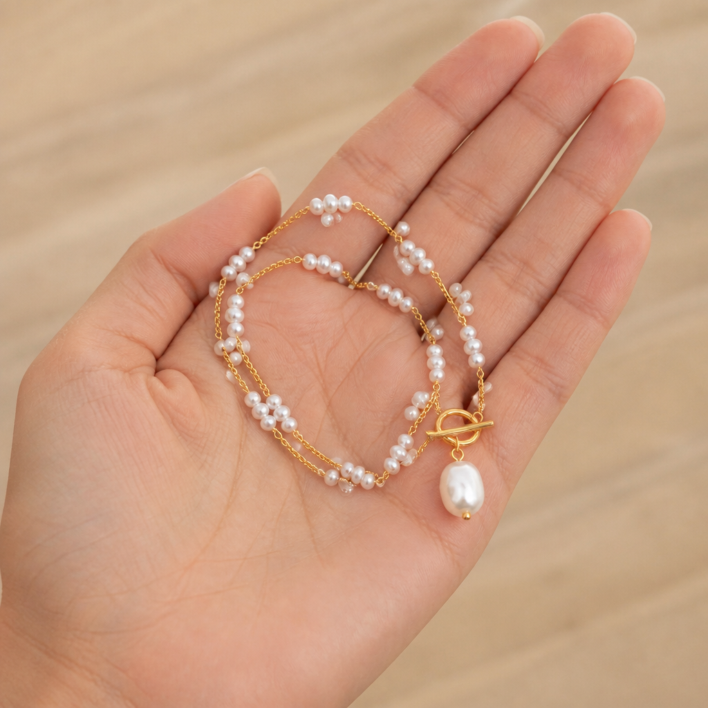 LuminaLuxe™ – Contemporary Pearl Toggle Necklace with Baroque Pendant Drop
