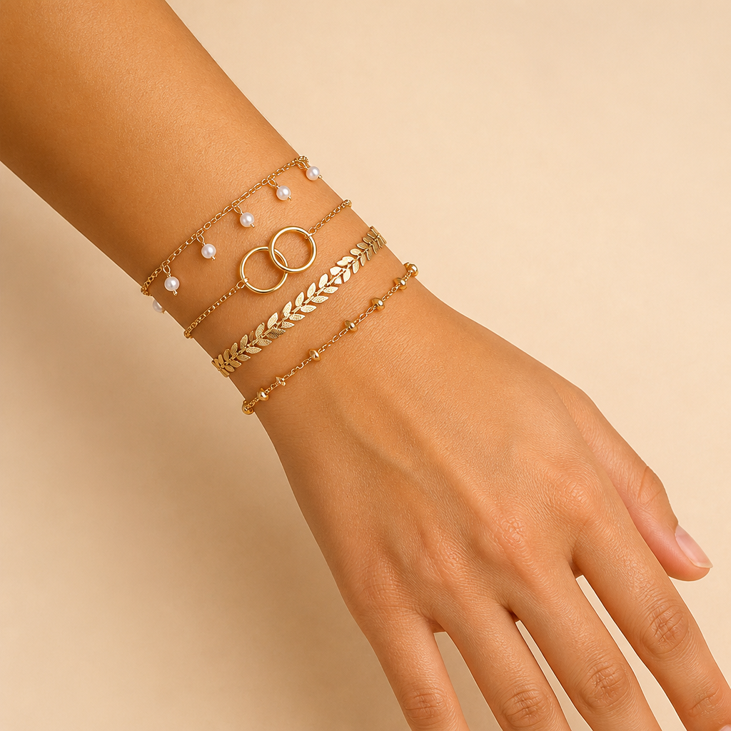 RadianceAura™ – Layered Gold-Plated Bracelets Featuring Pearl & Laurel Accents
