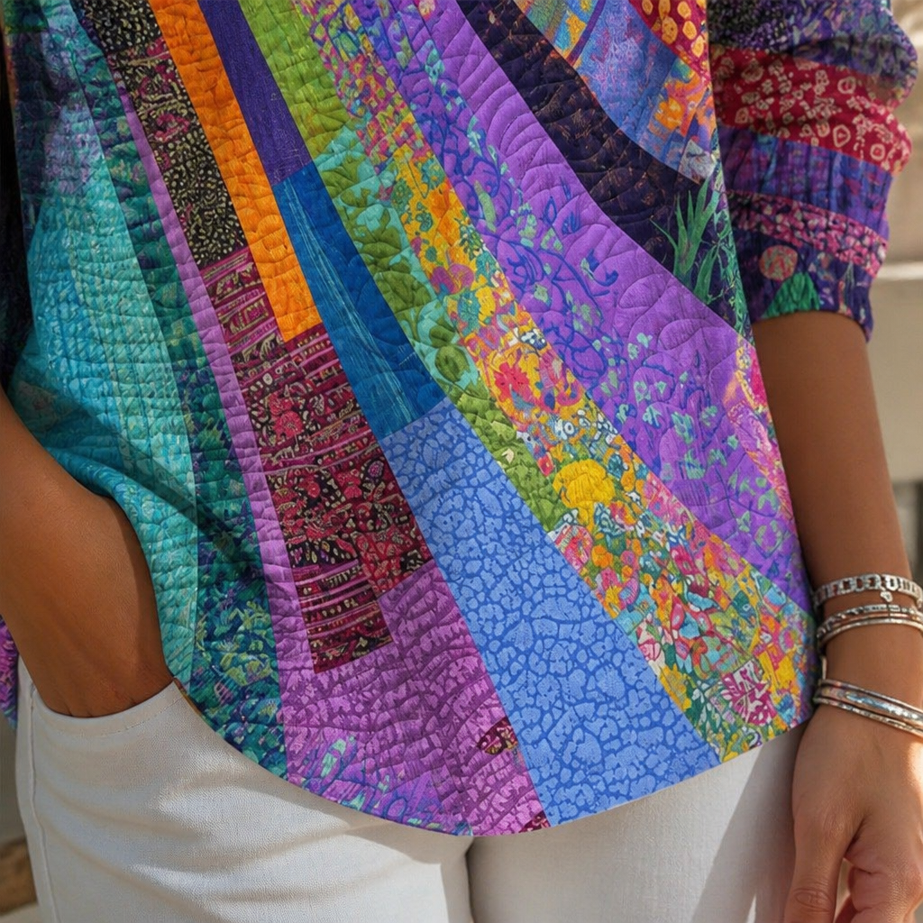 LuxeVera™ – Radiant Sunburst Patchwork V-Neck Top