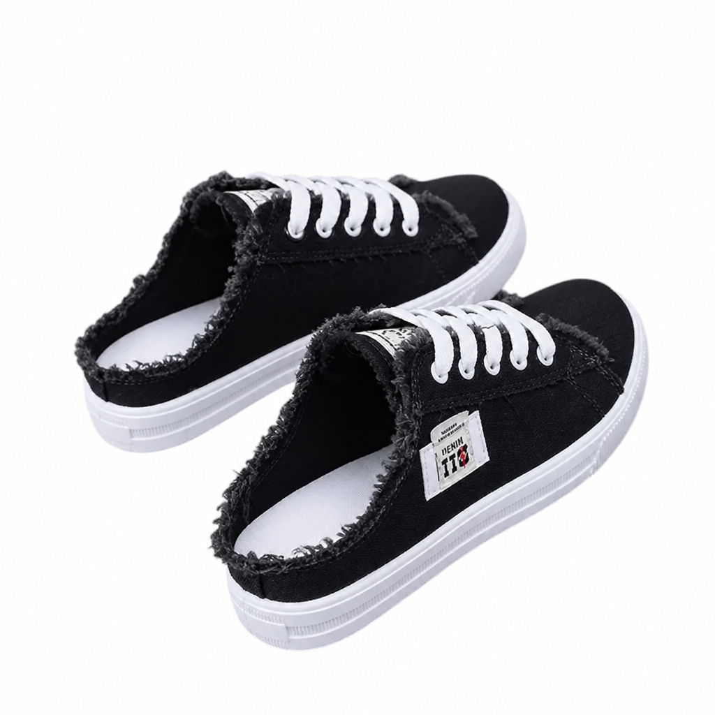 StridePulse™ – Casual Denim Mules with Frayed Edge Sneakers