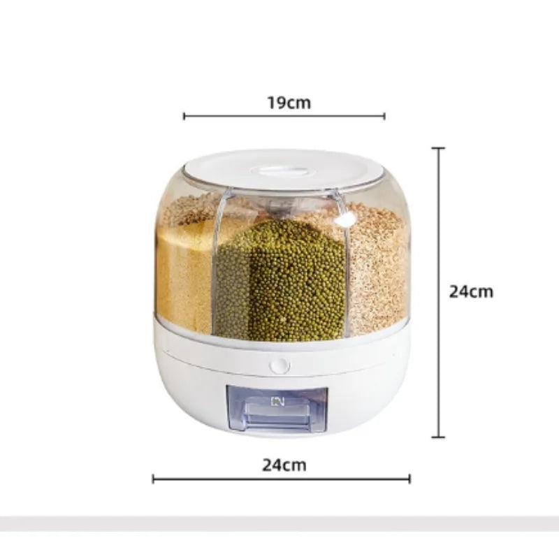 360° GrainVault: Rotatable Moisture-Resistant Grain Dispenser for Kitchen Use