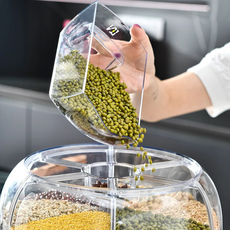 360° GrainVault: Rotatable Moisture-Resistant Grain Dispenser for Kitchen Use