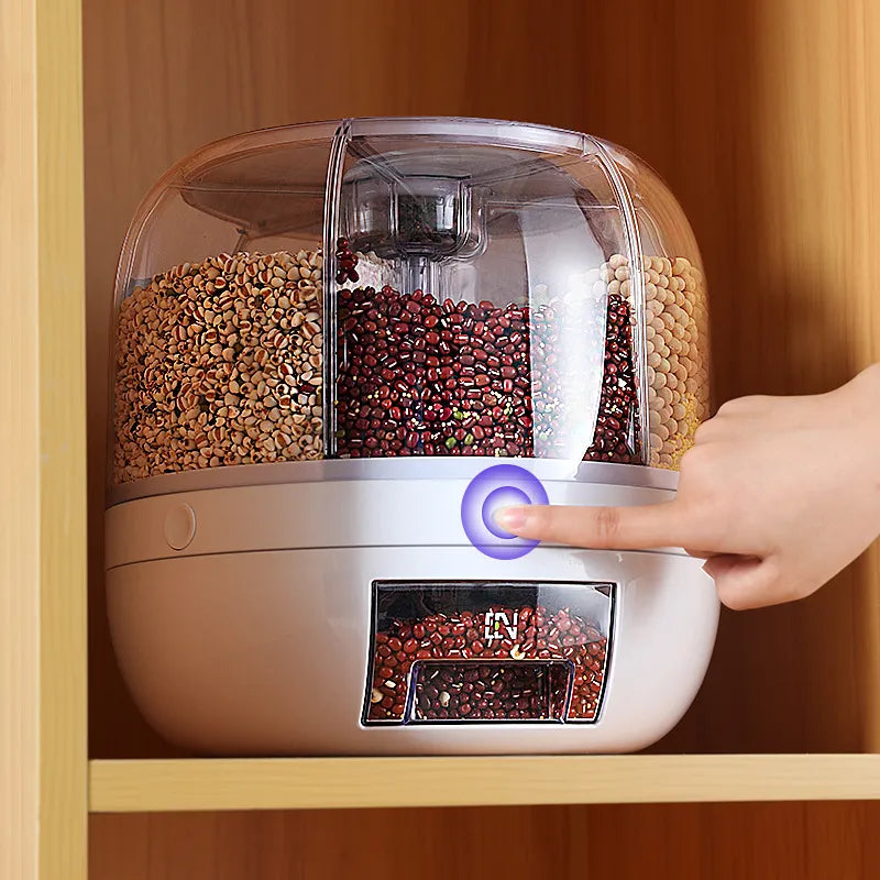 360° GrainVault: Rotatable Moisture-Resistant Grain Dispenser for Kitchen Use