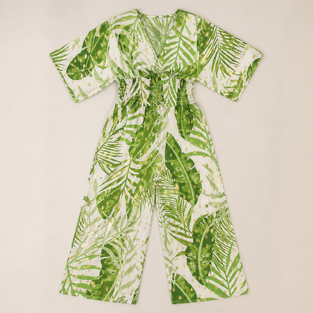 SerenaSculpt™ – Wide-Leg Jumpsuit with Tropical Print, V-Neck, and Smocked Waist
