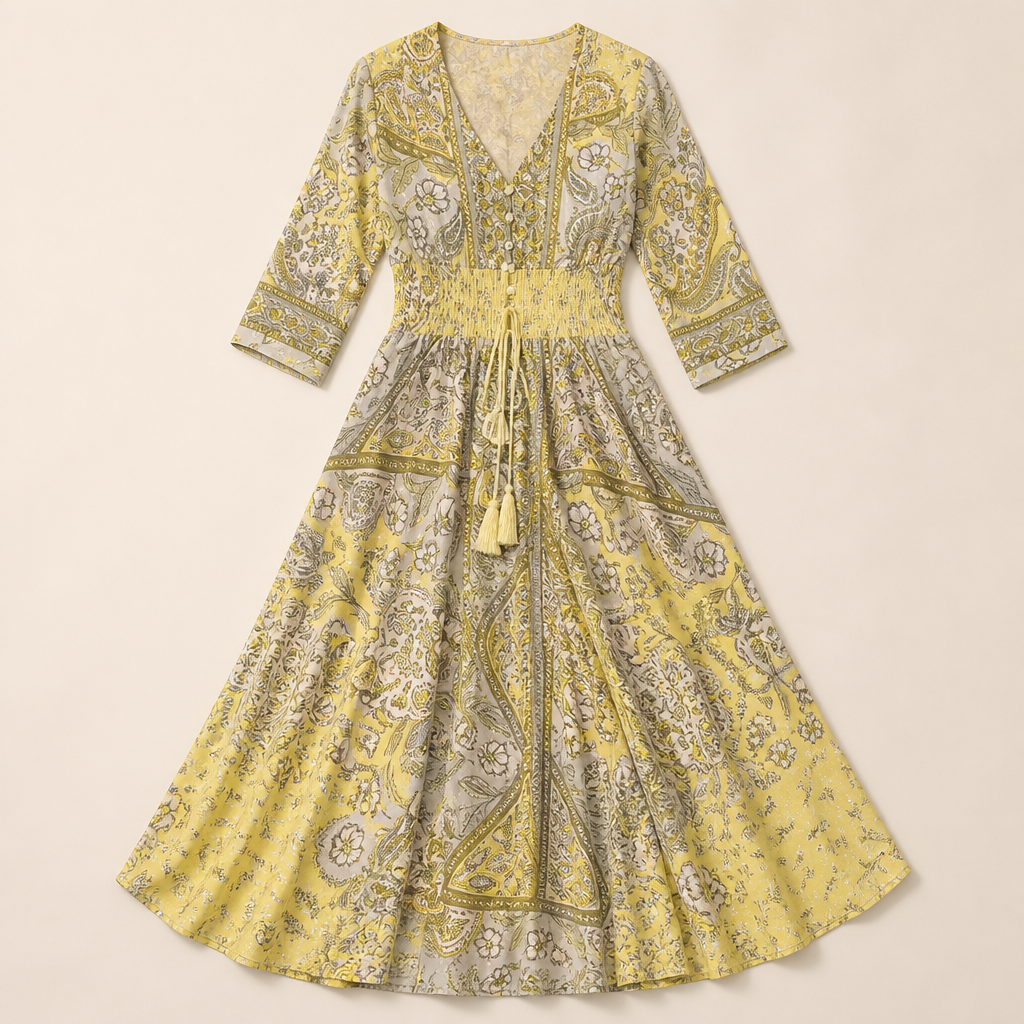 Mirella™ – Bohemian Paisley V-Neck Maxi Dress Featuring a Smocked Waist