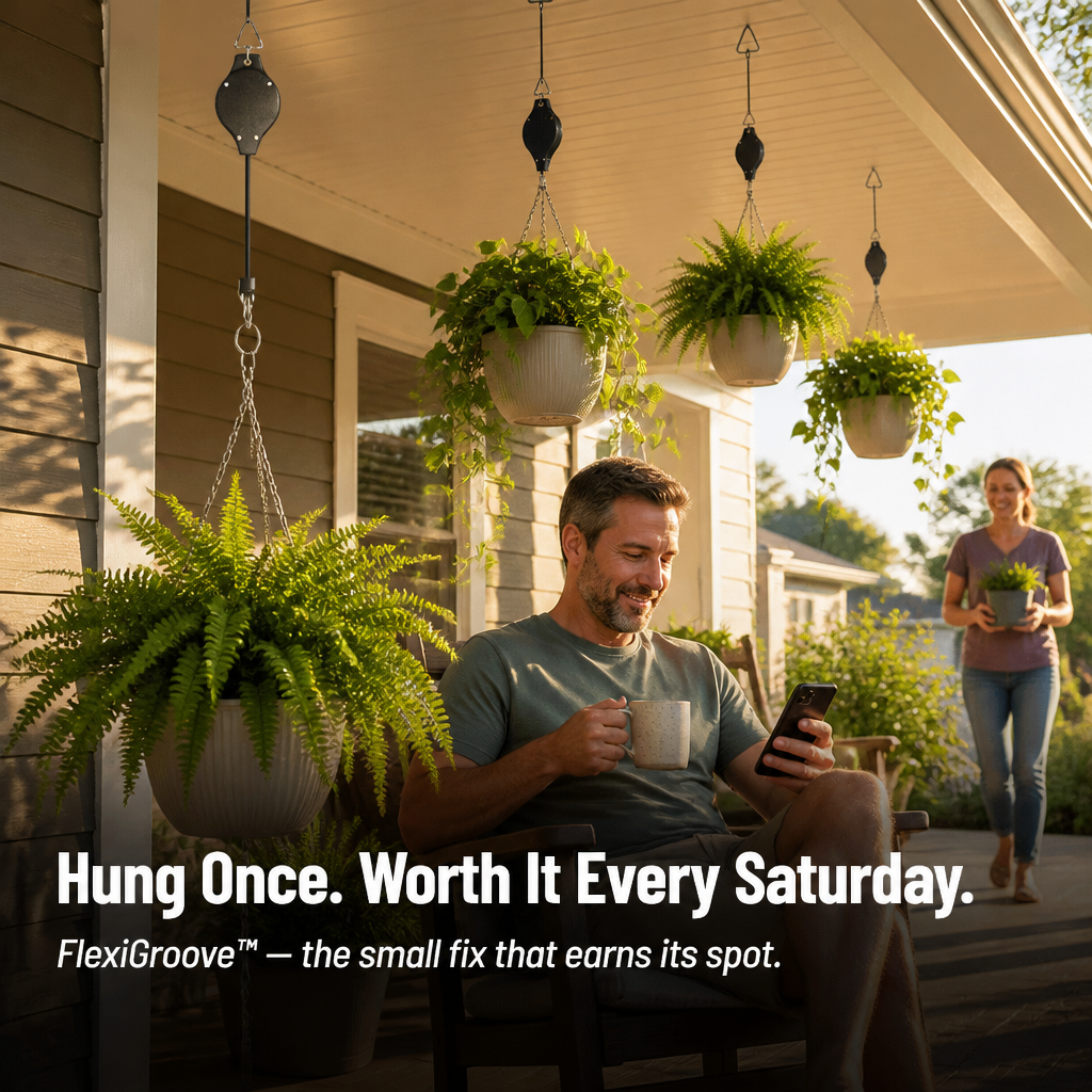 FlexiGroove™ — Hanging Baskets from Chest Level Down for Ladder-Free Watering