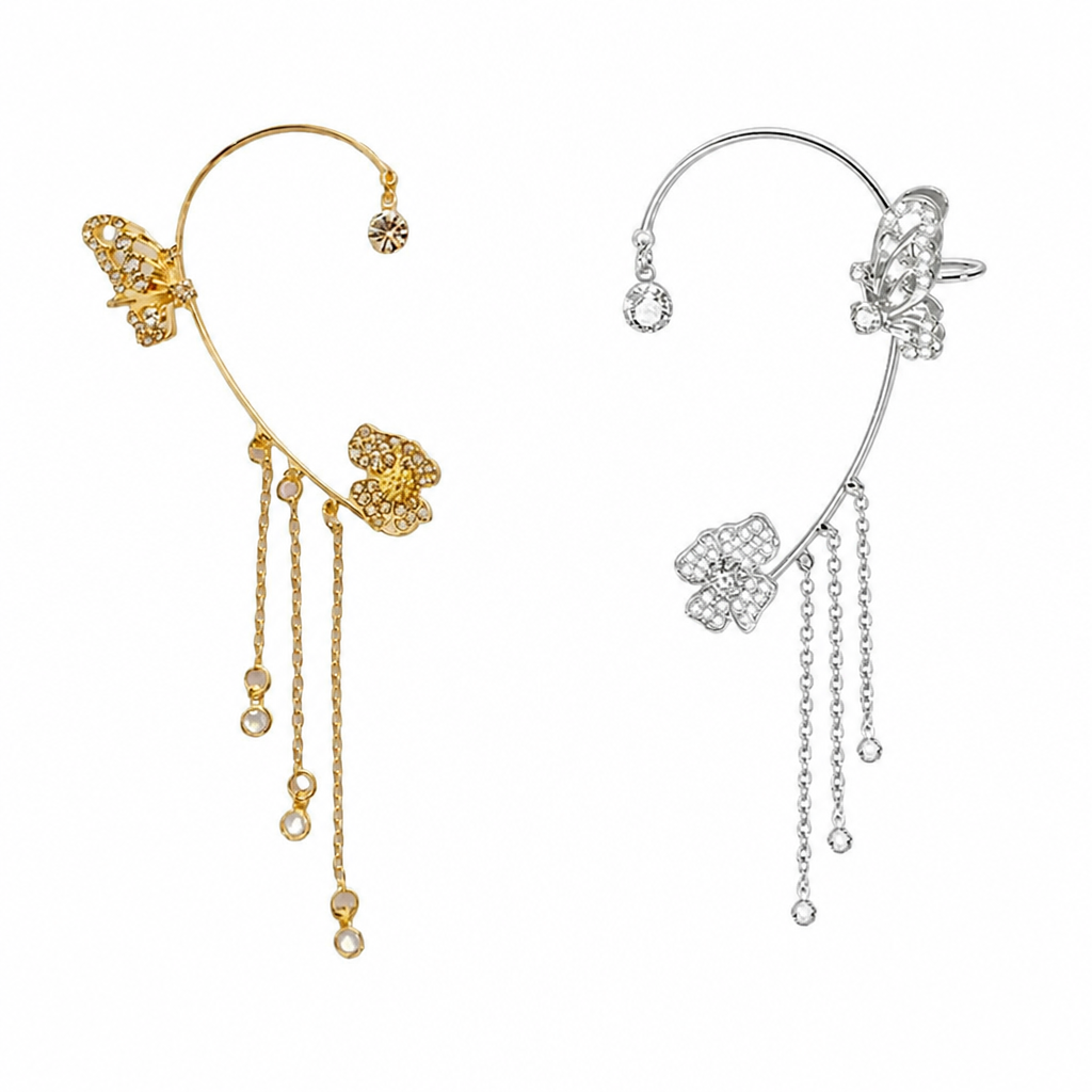 Luméline™ – Glittering Butterfly Ear Cuffs with Crystal Tassel Chains