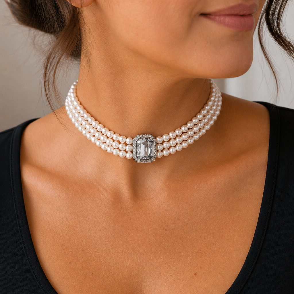 LumaVera™ – Classic Three-Strand Pearl Choker Featuring Crystal Centerpiece