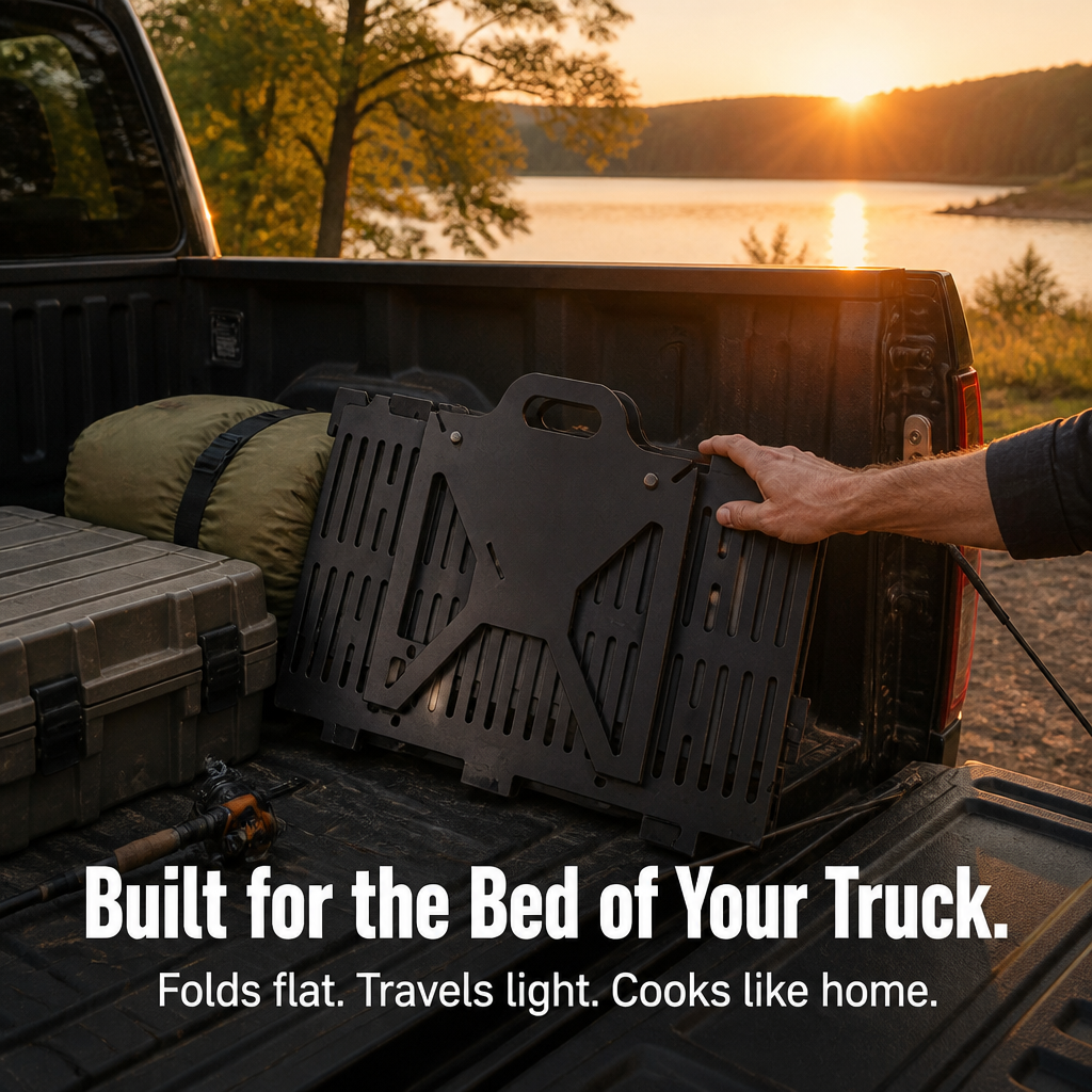 FlamePorta™ — Collapse a Rugged Steel Grill Flat and Cook Anywhere on Your Trip