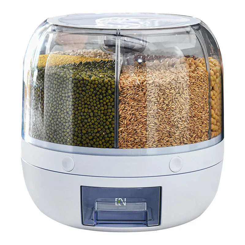 360° GrainVault: Rotatable Moisture-Resistant Grain Dispenser for Kitchen Use