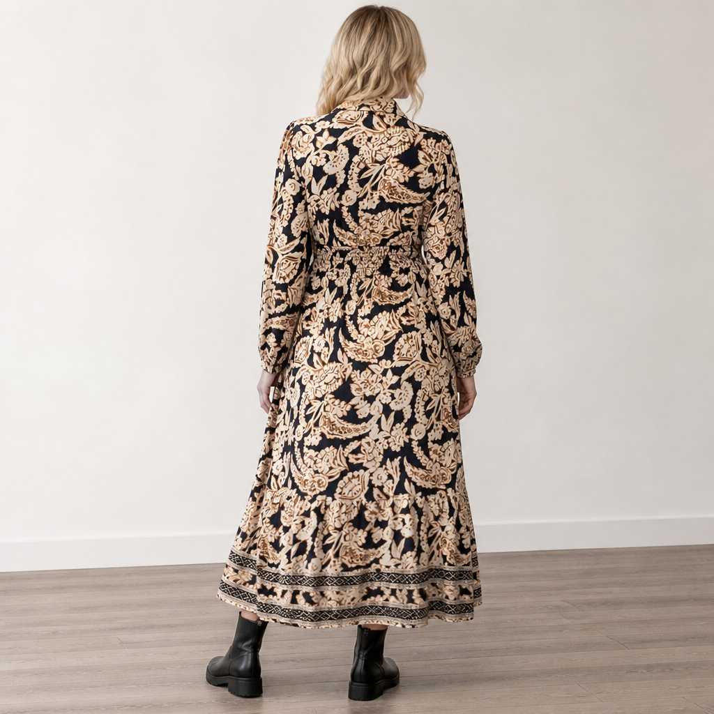 BloomAura™ – Retro Block-Print Shirt Dress Featuring Smocked Waist