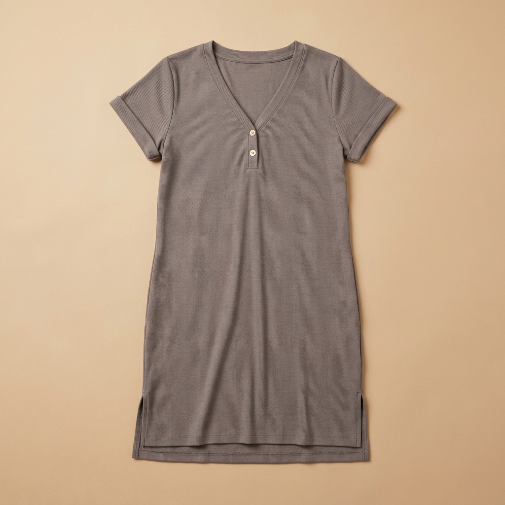 Veloria™ – Casual Ribbed V-Neck Shift Dress Featuring Button Detail
