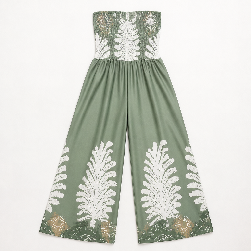 SolaraBreeze™ – Strapless Palazzo Jumpsuit with Tropical Palm Print