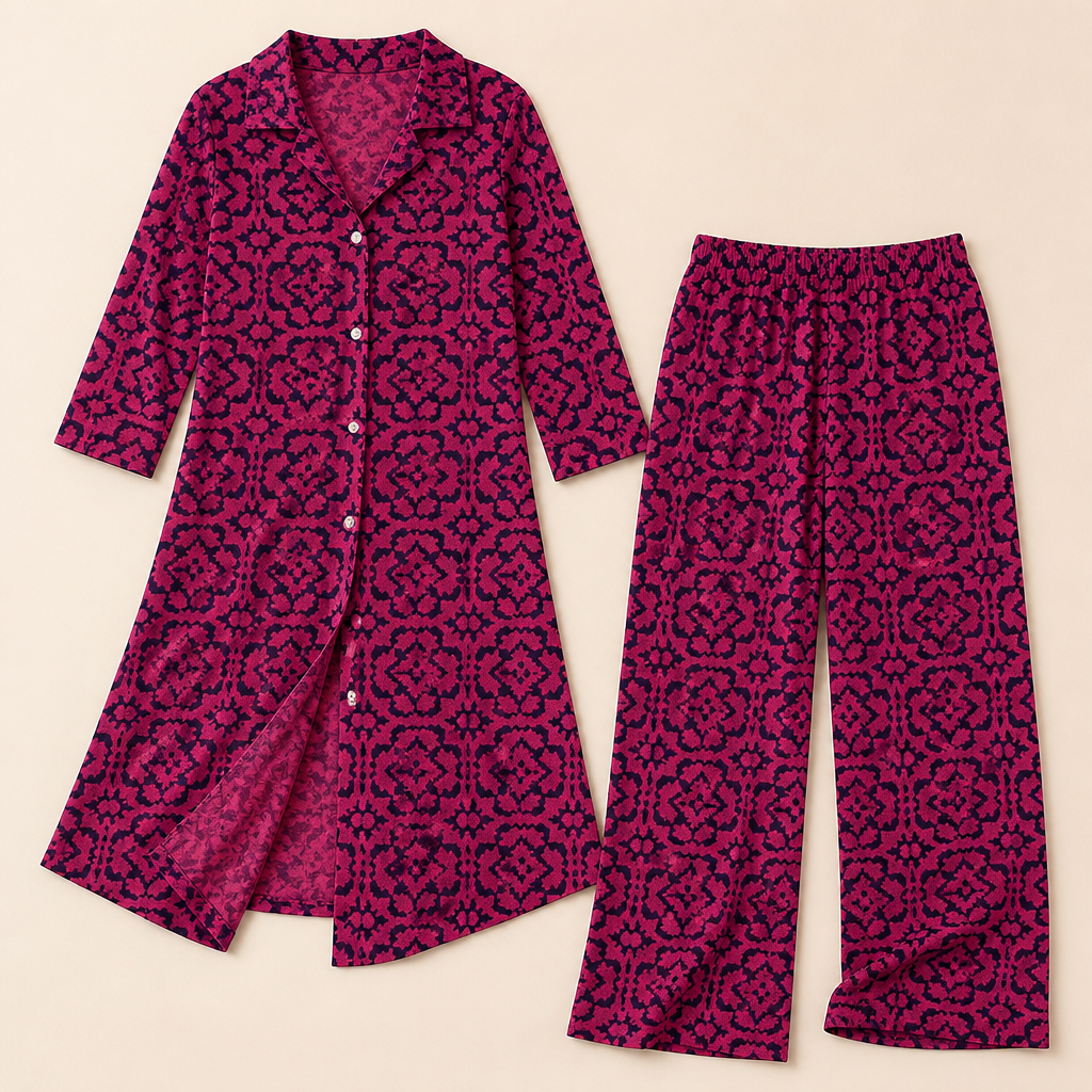 VireoLuxe™ – Striking Geometric Tunic with Straight-Leg Pants Set