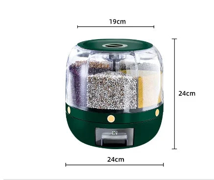 360° GrainVault: Rotatable Moisture-Resistant Grain Dispenser for Kitchen Use