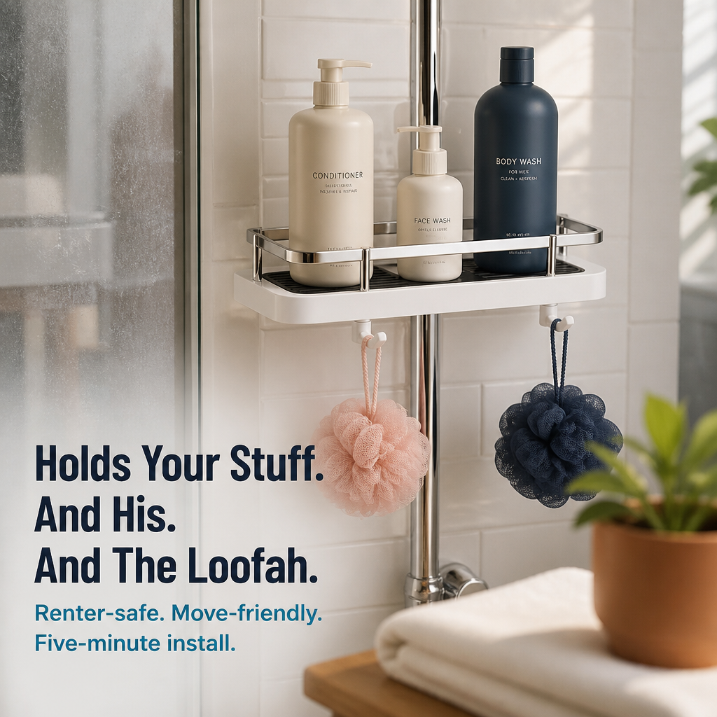 AquaNest™ — Snap a Single Adjustable Tray onto Your Shower Pipe, No Drilling