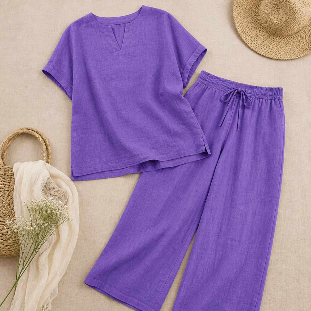 LumoraEase™ – Soft Cotton-Linen V-Neck Two-Piece Ensemble