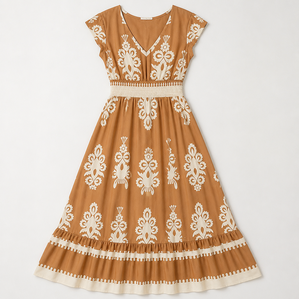 LuminaSway™ – Retro Baroque Pattern V-Neck Maxi Dress