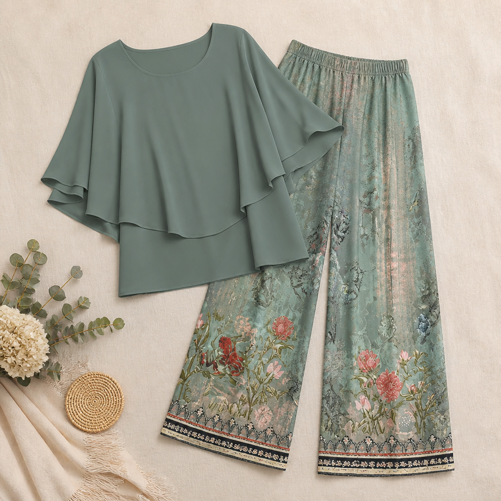 Flexara™ – Chic Layered Chiffon Blouse and Wide-Leg Patterned Pant Set