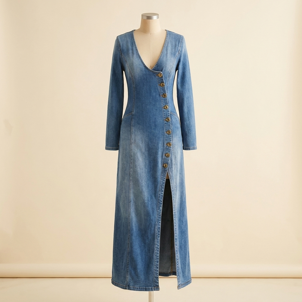 LuxeaSilk™ – Gentle Denim V-Neck Maxi Dress with Buttoned Side Slit
