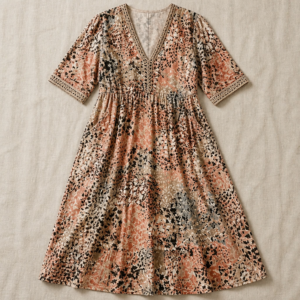 Aesthetic — printed boho midi dress focused on style, comfort, and sophisticated-vacation vibe.