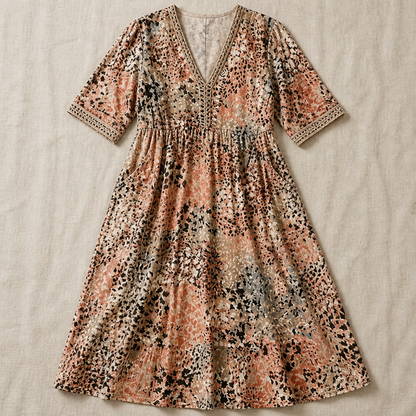 Aesthetic — printed boho midi dress focused on style, comfort, and sophisticated-vacation vibe.