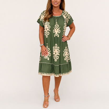 FlexiFit™ – Breezy Boho Patterned Midi Dress with Layered Hem