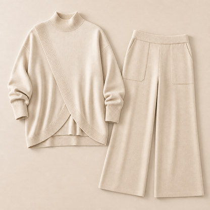 CelestiaKnit™ – Asymmetric Oversized Knit Set with Wide-Leg Trousers