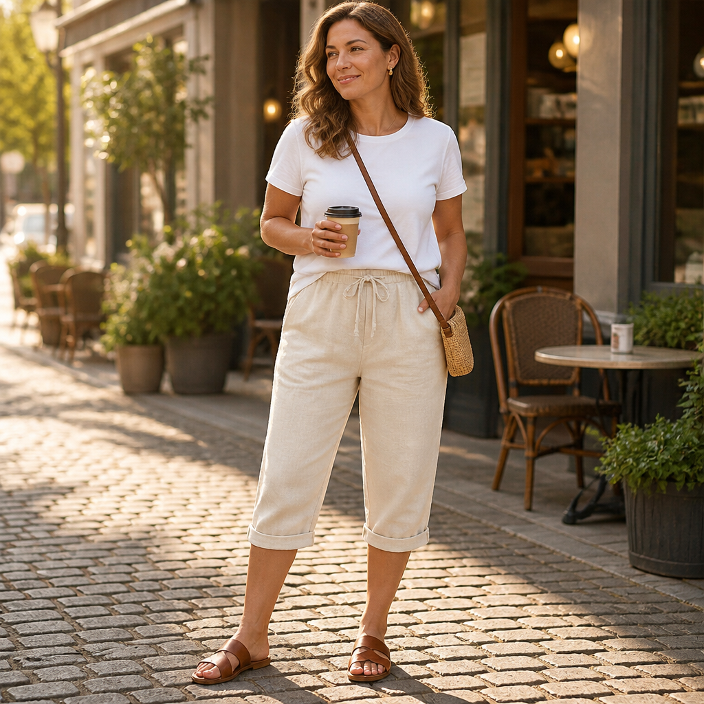 SenseLuxe™ – Lightweight Cotton-Linen Capri Pants Featuring Rolled Cuffs