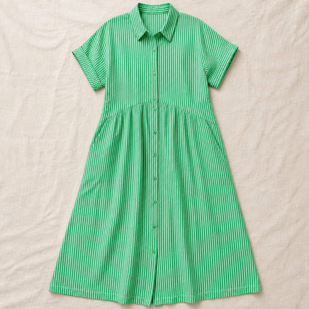 LunaVerve™ – Airy Striped Midi Shirt Dress with Button Front