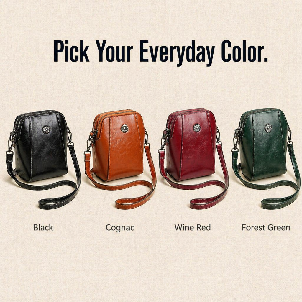 VividAura™ — Soft-Leather Crossbody for Phone, Cards & Lipstick All-in-One