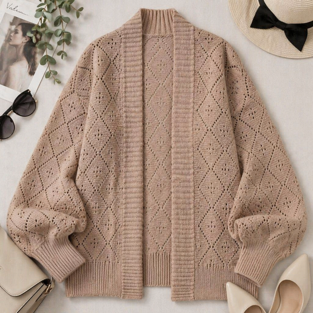 AerieLuxe™ – Hollow Knit Shawl Cardigan with Open Front and Lantern Sleeves