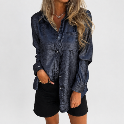 SilkenShade™ – Shiny Metallic Button-Down Shirt with Lapel Collar