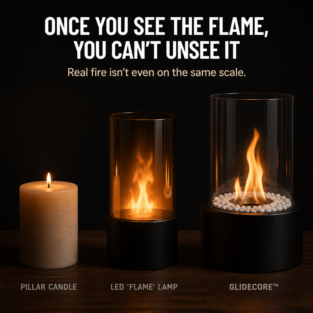 GlideCore™ — Transform Any Table into a Warm Real-Flame Focal Point in 10 Seconds
