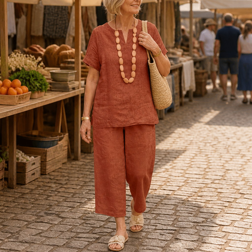 LumoraEase™ – Soft Cotton-Linen V-Neck Two-Piece Ensemble