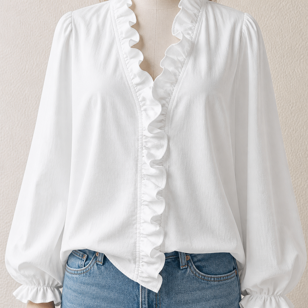 FlairMist™ – Romantic V-Neck Ruffle Blouse with Lantern Sleeves