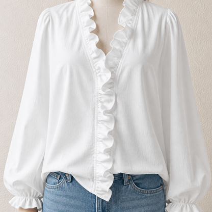 FlairMist™ – Romantic V-Neck Ruffle Blouse with Lantern Sleeves