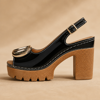 VivantaStrut™ – Striking Chunky Platform Slingback Heels with Golden Buckle