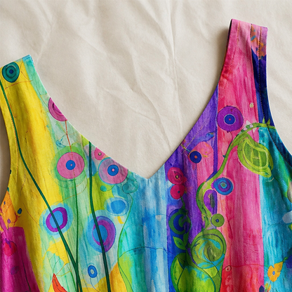 LuminaLuxe™ – Sleeveless A-Line Dress with Hand-Painted Floral Design