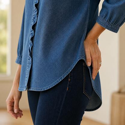 Brielle™ – Soft Chambray V-Neck Shirt with Ruffle and High-Low Hem