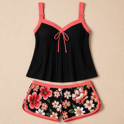SoloraSway™ – Breezy Pleated Tankini with Coverage Shorts