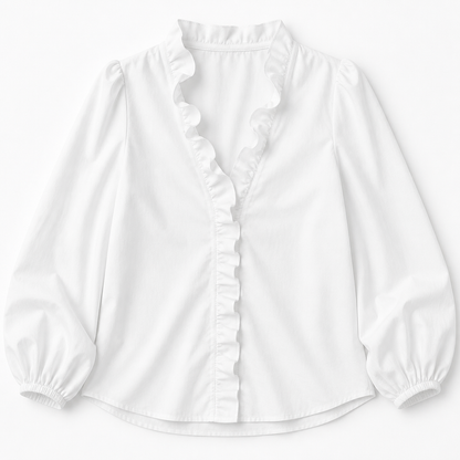 FlairMist™ – Romantic V-Neck Ruffle Blouse with Lantern Sleeves