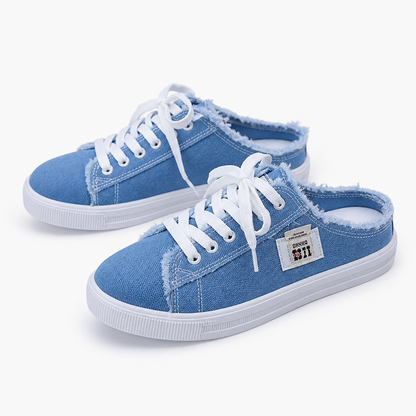 StridePulse™ – Casual Denim Mules with Frayed Edge Sneakers
