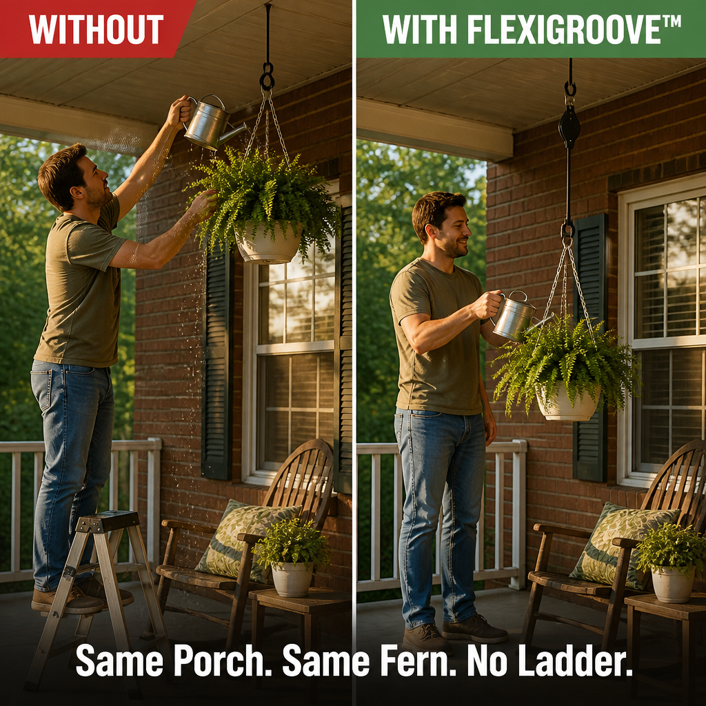 FlexiGroove™ — Hanging Baskets from Chest Level Down for Ladder-Free Watering