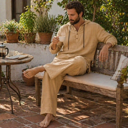 Drakescape™ – Casual Hooded Linen Henley Shirt & Pants Ensemble