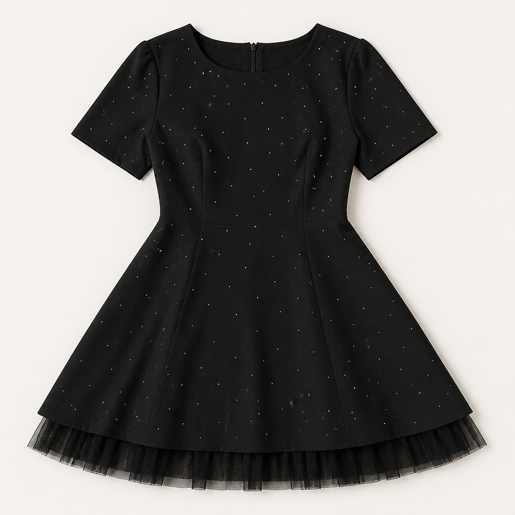 VeroLux™ – Mini Dress with Rhinestone Accents and Tiered Tulle Hem