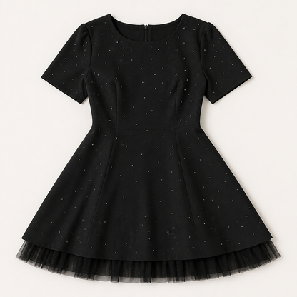 VeroLux™ – Mini Dress with Rhinestone Accents and Tiered Tulle Hem