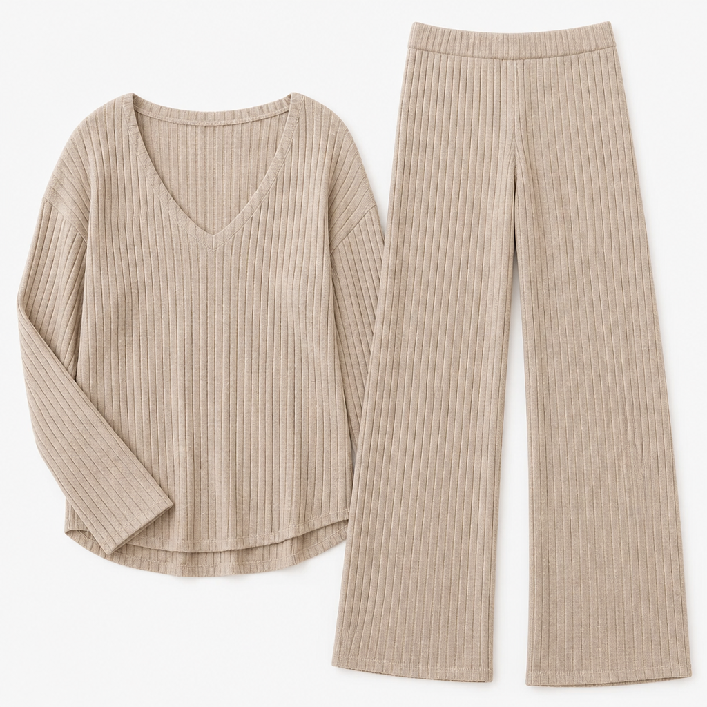 Serelis™ – Cozy Ribbed V-Neck Lounge Set with Wide-Leg Trousers