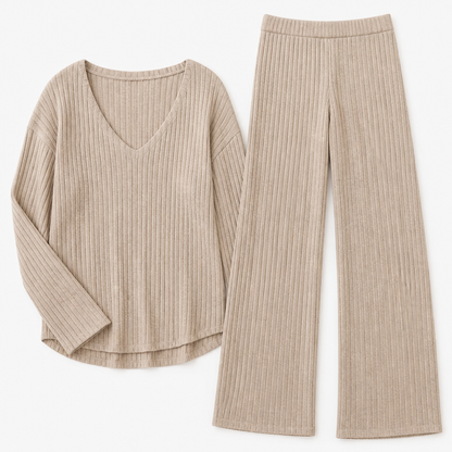 Serelis™ – Cozy Ribbed V-Neck Lounge Set with Wide-Leg Trousers